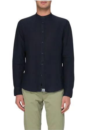 Peuterey Overhemden, Heren, Blauw, XL, Linnen, Groene Linnen Mandarin Kraag Shirt