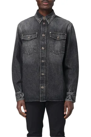 VERSACE Overhemden, Heren, Grijs, L, Denim, Grijze Denim Shirt met Medusa Knopen