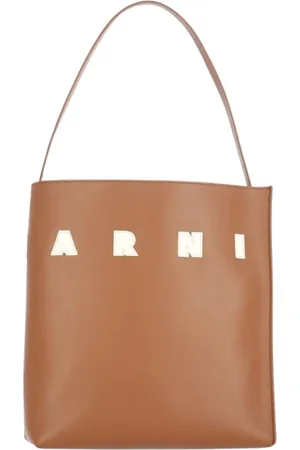 Marni Tassen, Dames, Bruin, ONE Size, Leer, Elegante Logo Geborduurde Leren Tote Tas