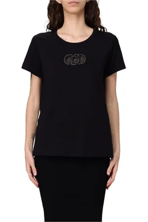Liu Jo Tops, Dames, Zwart, M, Katoen, Beige Logo T-Shirt
