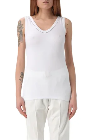 Brunello Cucinelli Tops, Dames, Wit, M, Katoen, Witte Geribbelde V-hals Mouwloze Top