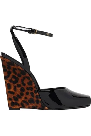 Saint Laurent Schoenen, Dames, Zwart, 37 EU, Leer, Luipaardprint Sleehak Sandalen