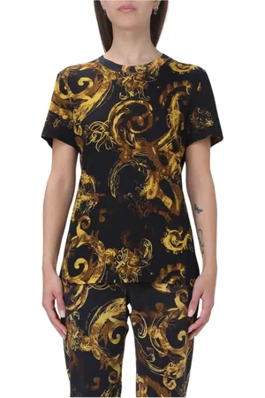 VERSACE Tops, Dames, Zwart, L, Katoen, Barok Print Zwarte Tee