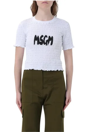 Msgm Tops, Dames, Wit, M, Katoen, Witte Smocked T-shirt met Korte Mouwen