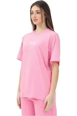 Dsquared2 Tops, Dames, Roze, L, Katoen, Roze T-shirt met Korte Mouwen en Logo-print