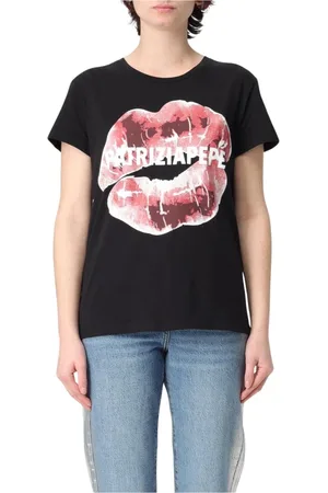 Patrizia Pepe Tops, Dames, Zwart, L, Katoen, Zwarte Lips Print Tee
