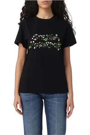 Stella McCartney Tops, Dames, Zwart, S, Katoen, Wit Bloemenlogo T-shirt