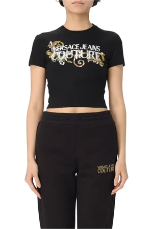 VERSACE Tops, Dames, Zwart, L, Iconische Logo Print Zwart T-Shirt