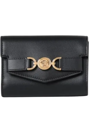 VERSACE Accessoires, Dames, Zwart, ONE Size, Leer, Iconische Bifold Portemonnee in Zwart