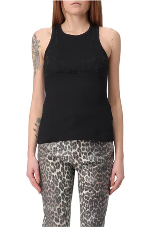 Ganni Tops, Dames, Zwart, XS, Katoen, Geribbelde Tanktop met Kristaldetail