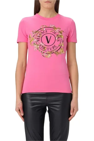 VERSACE Tops, Dames, Roze, 2Xs, Katoen, Roze Couture T-shirt voor vrouwen