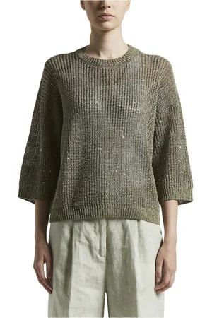 PESERICO SIGN Truien, Dames, Groen, XS, Linnen, Linnen tricot trui met pailletten