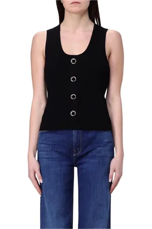 Twin-Set Tops, Dames, Zwart, S, Geribbelde mouwloze top met metalen knopen