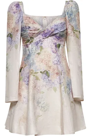 ZIMMERMANN Kleedjes, Dames, Veelkleurig, M, Linnen, Hydrangea Print Wijdvallende Jurk