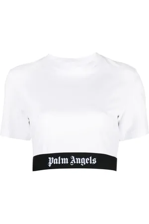 Palm Angels Tops, Dames, Wit, S, Logo Tape Cropped T-Shirt