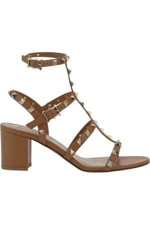 VALENTINO GARAVANI Schoenen, Dames, Bruin, 36 EU, Leer, Zwarte Rockstud Lage Hak Sandalen