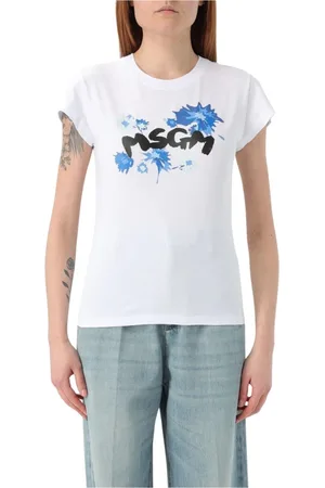 Msgm Tops, Dames, Wit, M, Katoen, Wit Grafisch Print Katoenen T-Shirt