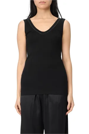 Brunello Cucinelli Tops, Dames, Zwart, L, Katoen, Zwarte Geribbelde V-hals Mouwloze Top