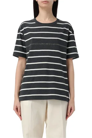 Brunello Cucinelli Tops, Dames, Grijs, L, Katoen, Elegante Gestreepte T-shirt in Grijs