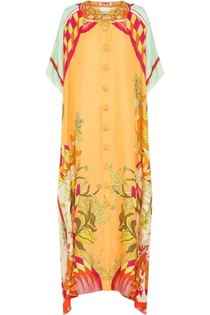 Camilla Badkleding, Dames, Veelkleurig, ONE Size, Oranje Zijden Kimono Maxi Strandkleding