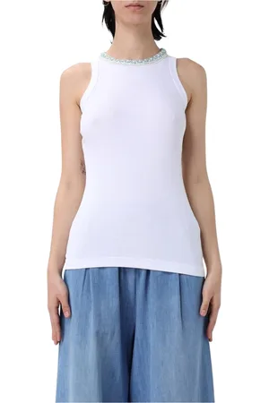 Fabiana Filippi Tops, Dames, Wit, L, Katoen, Geribbelde tanktop met kraalhals