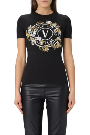 VERSACE Tops, Dames, Zwart, L, Katoen, Wit Logo Tee Slim Fit