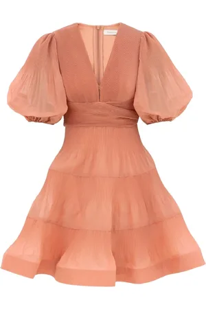 ZIMMERMANN Kleedjes, Dames, Oranje, S, Polyester, Geplooide Mini Jurk Diepe V-Hals