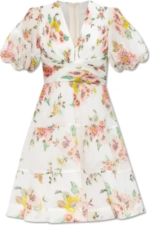 ZIMMERMANN Kleedjes, Dames, Wit, L, Katoen, Geplooide Jurk met Bloemmotief