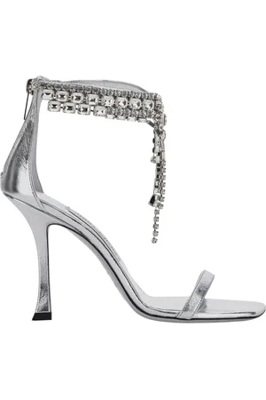 Jimmy Choo Schoenen, Dames, Grijs, 37 1/2 EU, Leer, Metallic Stiletto Sandalen