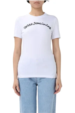 VERSACE Tops, Dames, Wit, M, Zwart Script Logo Tee Chic Modern