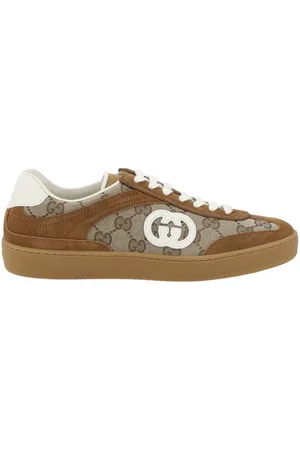 Gucci Schoenen, Dames, Bruin, 39 1/2 EU, Lace-up sneakers met patroon en afgeronde neus