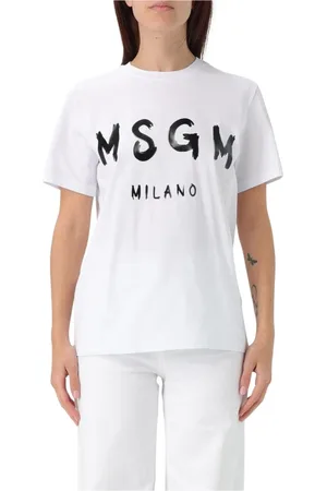 Msgm Tops, Dames, Wit, S, Katoen, Roze Milano Logo Tee voor Vrouwen