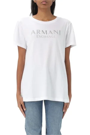 Armani Exchange Tops, Dames, Wit, XS, Katoen, Zwart Logo Tee, Stijlvol en veelzijdig