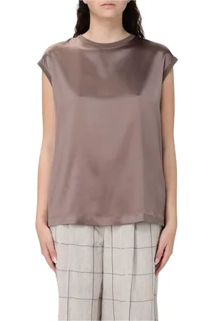 Brunello Cucinelli Blouses & Shirts, Dames, Bruin, L, Elegante Zijden Blouse Korte Mouwen