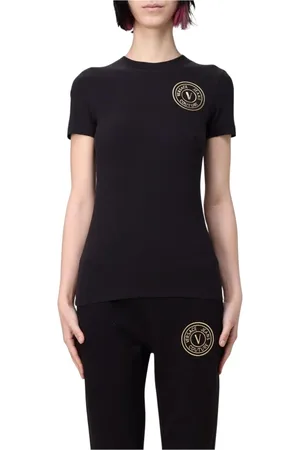 VERSACE Tops, Dames, Zwart, XS, Luxe Zwarte Grafische Print T-Shirt