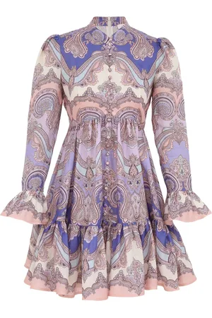 ZIMMERMANN Kleedjes, Dames, Paars, M, Linnen, Paarse Paisley Mini Jurk met Ruches