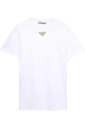 Prada Tops, Dames, Wit, S, Katoen, Kristallen Driehoek T-Shirt