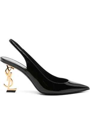 Saint Laurent Schoenen, Dames, Zwart, 40 EU, Leer, Zwarte Patent Slingback Pumps met Gouden Logo