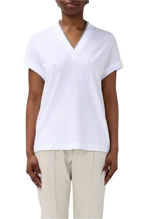 Brunello Cucinelli Tops, Dames, Wit, XS, Katoen, Blauw V-hals T-shirt