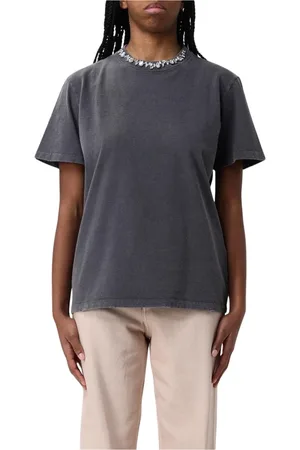 Golden Goose Tops, Dames, Zwart, M, Katoen, Rhinestone Neck Tee Stijlvol Houtskool Vrouw