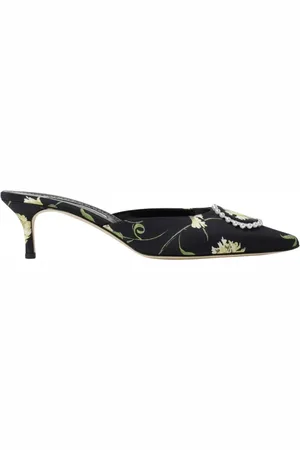 Manolo Blahnik Schoenen, Dames, Zwart, 36 EU, Bloemenprint Muiltje Middelhoge Hak