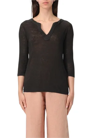 120% Lino Tops, Dames, Zwart, M, Linnen, Zwarte Linnen V-hals Top