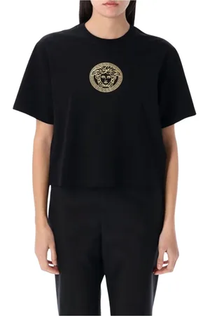 VERSACE Tops, Dames, Zwart, 2Xs, Stijlvol Grafisch Print Zwart T-Shirt