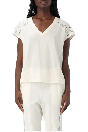 Liu Jo Tops, Dames, Wit, M, Witte Tekst Detail V-Hals Top
