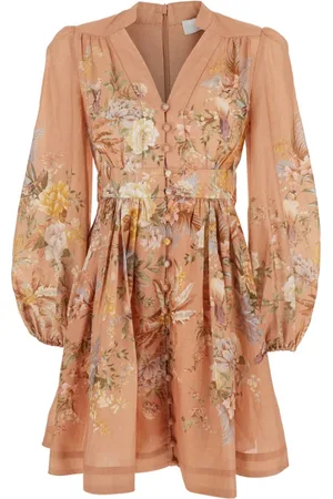 ZIMMERMANN Kleedjes, Dames, Roze, L, Linnen, Bloemen Linnen Plunge Jurk in Roze