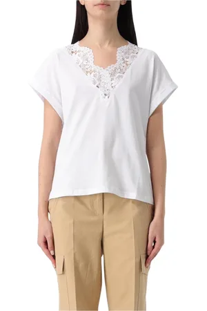 Twin-Set Tops, Dames, Wit, 2Xl, Katoen, Witte Kant V-Hals T-Shirt