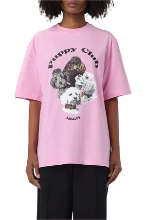 Msgm Tops, Dames, Roze, L, Grafische Tee Puppy Club Korte Mouwen