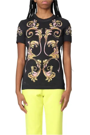 VERSACE Tops, Dames, Zwart, S, Katoen, Barok Print Stijlvol Zwart T-shirt