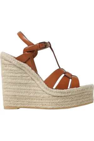 Saint Laurent Schoenen, Dames, Bruin, 36 1/2 EU, Leer, Leren Sleehak Sandalen