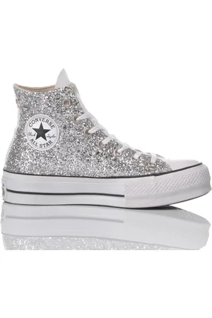 Converse Schoenen, Dames, Grijs, 36 1/2 EU, Zilver Glitter Platform Sneakers Vrouwen